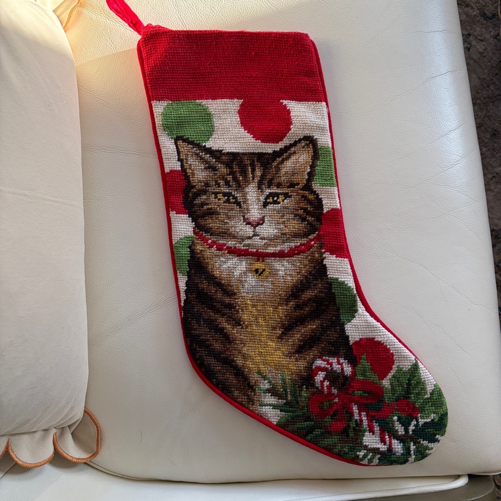 Needlepoint & Red Velvet Cat Stocking